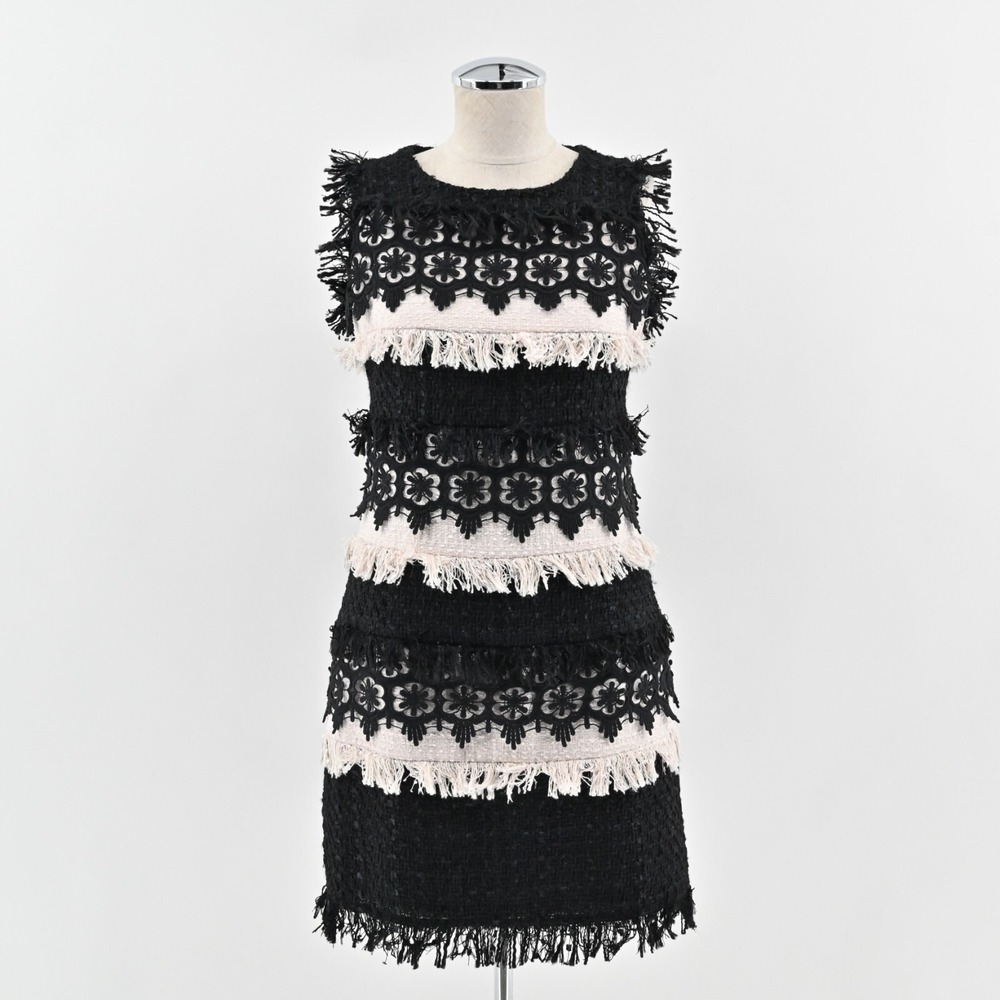 Boston Proper Tweed Dress Womens Size 2 Color Block Sleeveless Fringe Mini Retro